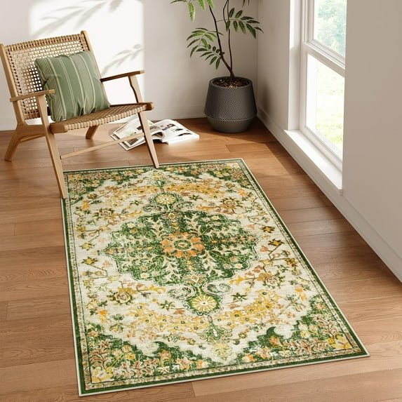 Bohemian Floral Medallion Area Rug - 3x5 Soft Rug for Bedroom Living Room Mat, Cute Washable Indoor Floor Throw Carpet for Office Entry Way Apartment Dressing Room RV, Yellow/Green/Multi
