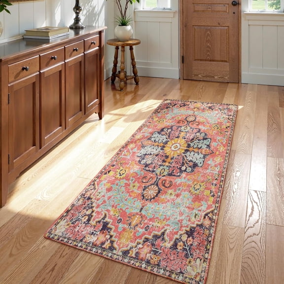 Bohemian Floral Medallion Runner Rug, 2x4 Pink Bathroom Rug Runner, Machine Washable Non-Slip Hallway Mat Indoor Laundry Carpet Runners for Kitchen Living Bedroom, Fuchsia/Multi