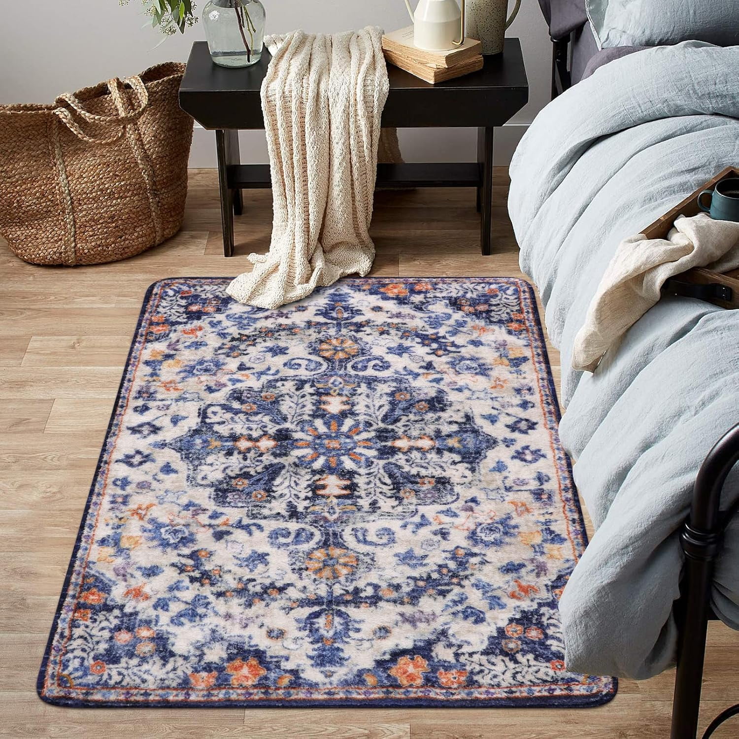 Bohemian Floral Medallion Runner Rug - 2x5 Laundry Room Rug Bathroom Runner Oriental Kitchen Mat, Soft Washable Non-Slip Low-Pile Indoor Carpet Runner for Bedside Living Room Decor