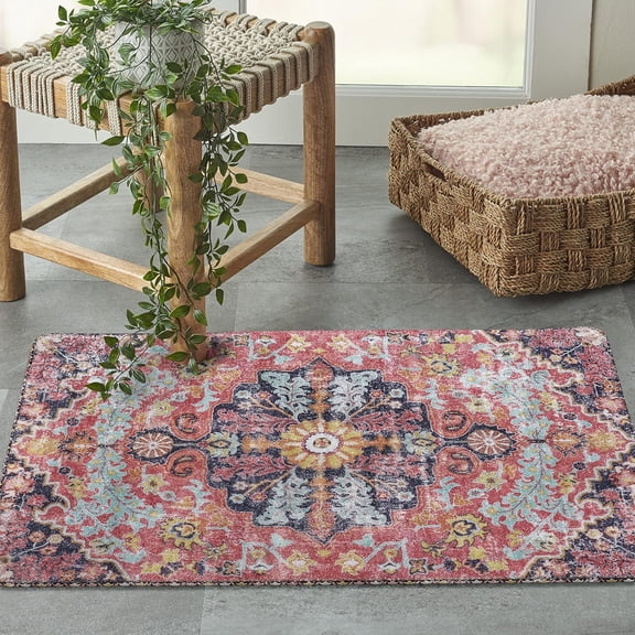 Bohemian Floral Medallion Runner Rug - 2x5 Laundry Room Rug Bathroom Runner Oriental Kitchen Mat, Soft Washable Non-Slip Low-Pile Indoor Carpet Runner for Bedside Living Room Decor