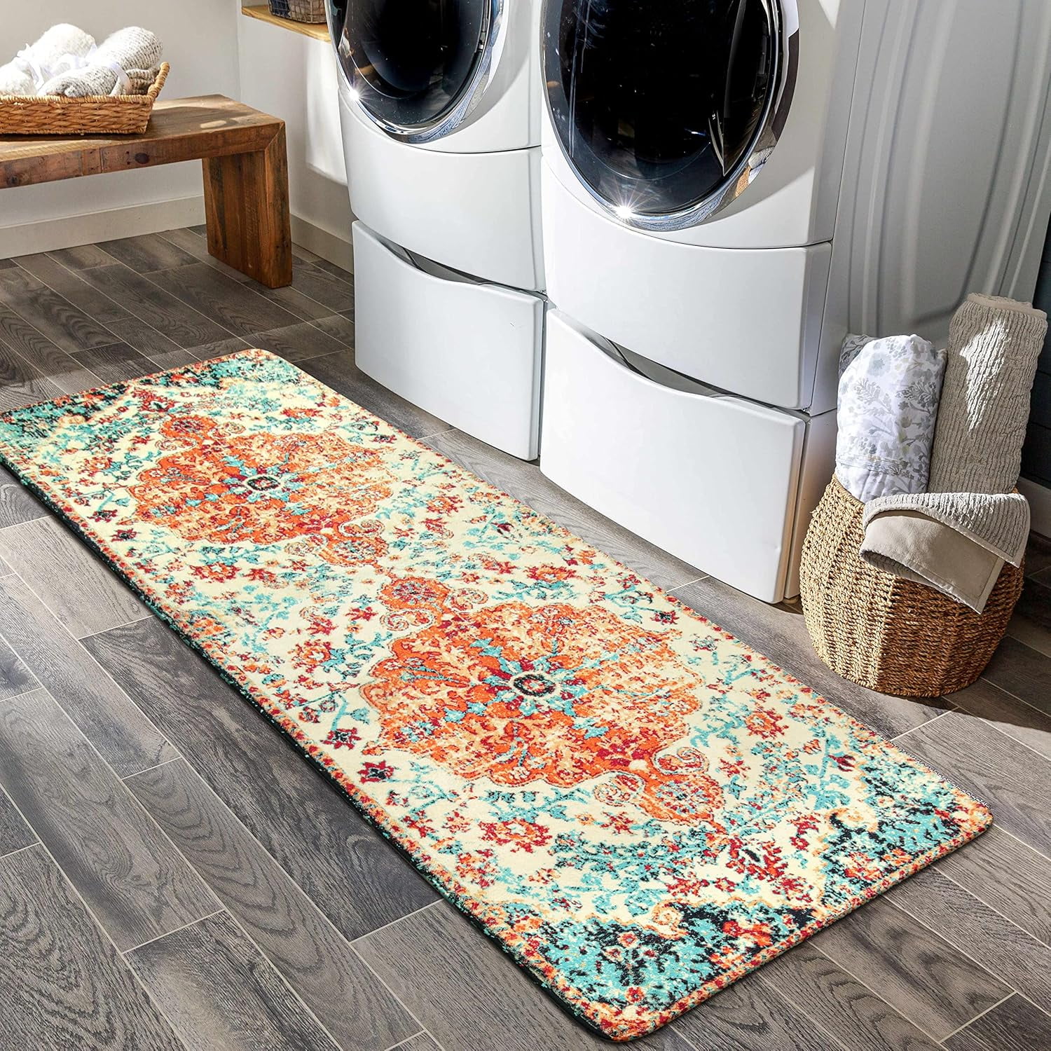 Bohemian Floral Medallion Runner Rug - 2x5 Laundry Room Rug Bathroom Runner Oriental Kitchen Mat, Soft Washable Non-Slip Low-Pile Indoor Carpet Runner for Bedside Living Room Decor