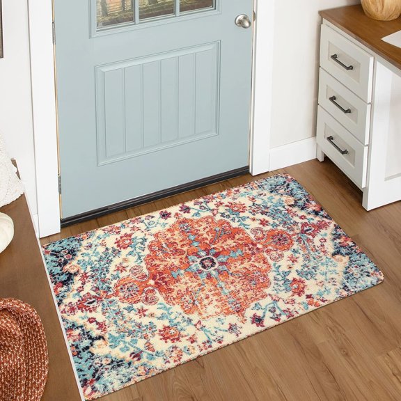 Bohemian Floral Medallion Runner Rug - 2x5 Laundry Room Rug Bathroom Runner Oriental Kitchen Mat, Soft Washable Non-Slip Low-Pile Indoor Carpet Runner for Bedside Living Room Decor