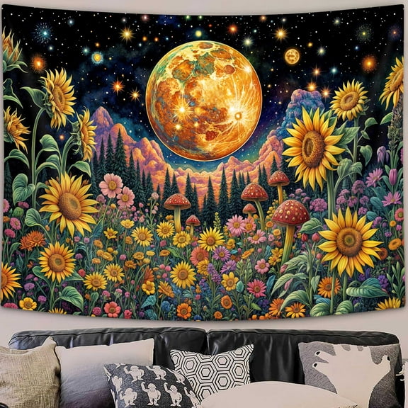 Bohemian Floral Moon Art Tapestry, Fantasy Mystic Mountain Forest Tapestry, Colorful Flower Nature Scenery Plants Wall Tapestry Vintage Aesthetic Tapestry Wall Hanging for Bedroom,60X40IN