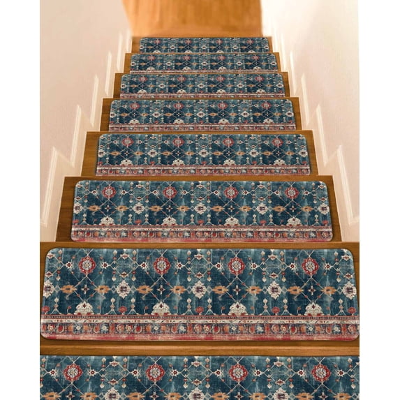 Bohemian Floral Non-Slip Stair Treads for Wooden Steps Green Red Ethnic Flower Geometric Mottled Retro Indoor Carpet Stair Runners 15PCS 8x30 in with Adhesive for Pets and Seniors