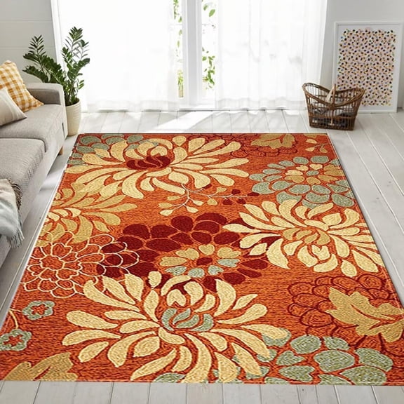 Bohemian Floral Orange Area Rug For Home Kitchen Bedroom Geometric Abstract Flowers Print Carpet Soft Low Pile Hallway Mats 4x6ft