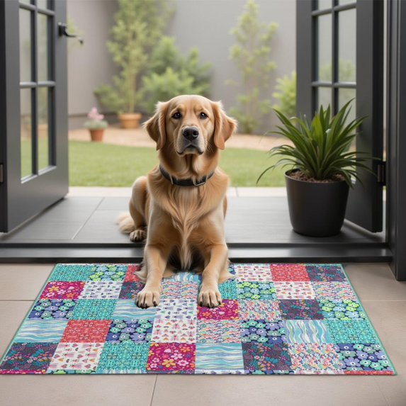 Bohemian Floral Patchwork Non-Slip Entryway Door Mat,Boho Indoor Decor Durable Low Plush Door Mat,Washable Welcome Rug for Patio Hallway Home Decor 20x32 Inches