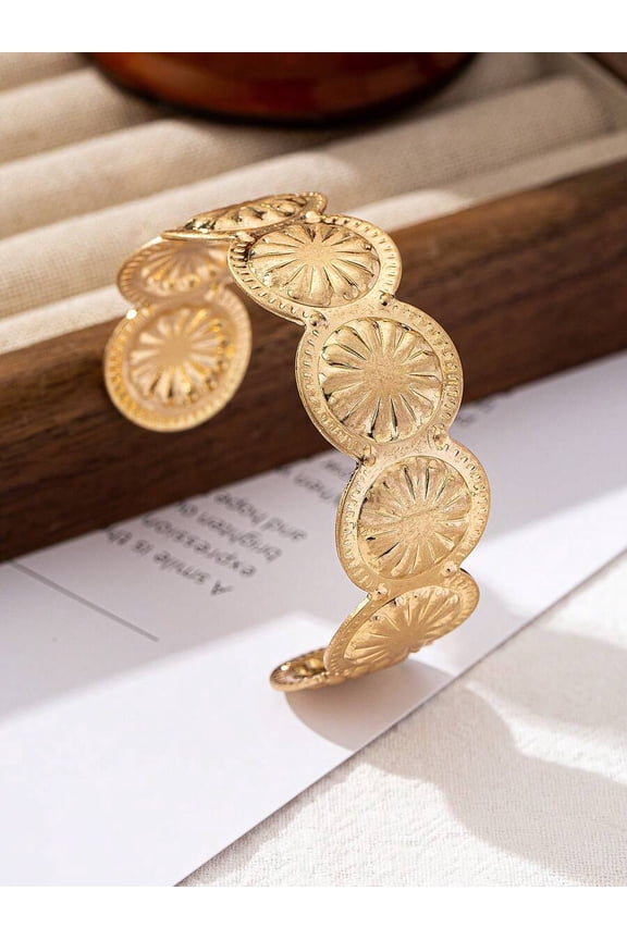 Bohemian Floral Pattern Retro Minimalist Metal Open Bangle Bracelet, Gold, 1 Pack