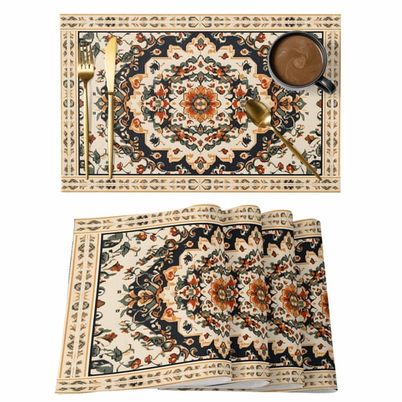 Bohemian Floral Placemats Set of 4 Vintage Boho Retro Ethnic Tribes Place Mats Indoor Wipeable Table Mats Washable Cloth Dining Table Placemats for Kitchen Holiday Party Home Decor 13x19 Inch