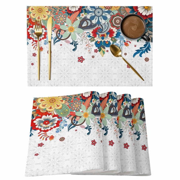 Bohemian Floral Placemats Set of 6, Retro Abstract Flowers Boho Ethnic Placemats for Dining Table, Place Mats for Kitchen Tabletop, Waterproof Wipeable Dining Table Mats Set