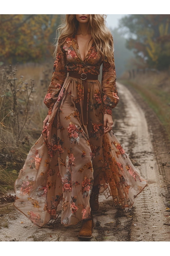 Bohemian Floral Print Deep V-Neck Maxi Dress, Long Lantern Sleeve Flowy A-Line Party Gown, Vintage Romantic Dress for Women(Belt Not Included)