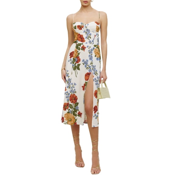 Bohemian Floral Print Spaghetti Strap Slit Dress, Sweetheart Neck Corset A-Line Midi Sundress, Chic Party Vacation Outfit for Women