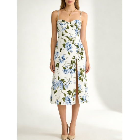 Bohemian Floral Print Spaghetti Strap Slit Dress, Sweetheart Neck Corset A-Line Midi Sundress, Chic Party Vacation Outfit for Women