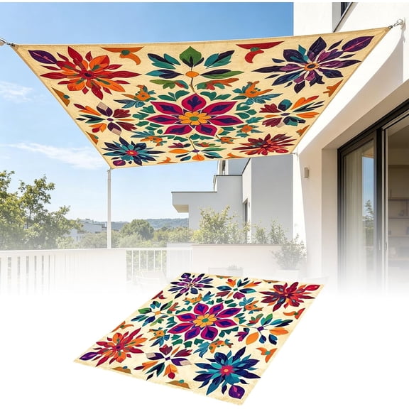Bohemian Floral Print Sun Shade Sail,55x35In Rectangle Polyester UV Block Waterproof Canopy,Vintage Flower Outdoor Patio Cover for Garden Backyard Deck Balcony