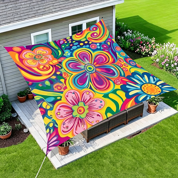 Bohemian Floral Print Sun Shade Sail, Vintage Flower UV Block Polyester Canopy Cover, Easy install, fits patio garden deck balconyv