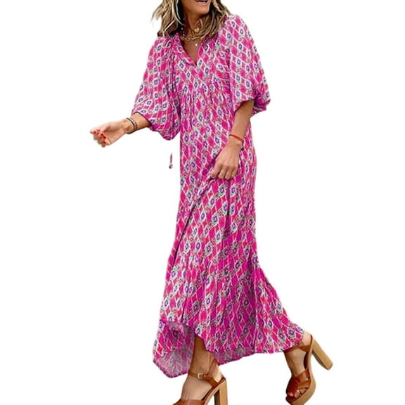 Bohemian Floral Print V-Neck Maxi Dress - Loose Fit Beach Cover-Up with Side Slits & Lightweight Fabric for Vacation or Pool Parties,Dark Purple L