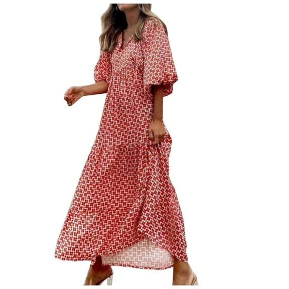 Bohemian Floral Print V-Neck Maxi Dress - Loose Fit Beach Cover-Up with Side Slits & Lightweight Fabric for Vacation or Pool Parties,Red XS