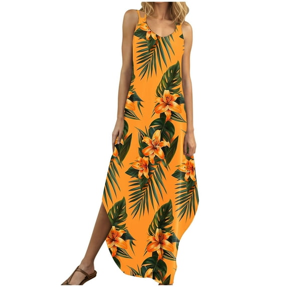 Bohemian Floral Printed Summer Dress for Women Casual Side Split Maxi Dress Crew Neck Outing Beach Dresses for Resort