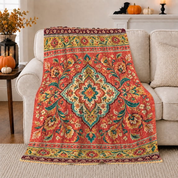Bohemian Floral Pumpkin Bat Autumn Festive, Festive Botanical Garden Scene, Warm Flannel Blanket for Sunroom and Reading Nook, Garden Lovers Thanksgiving Gift, Artistic Home Decor