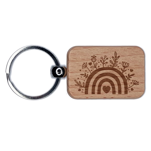 Bohemian Floral Rainbow Rectangle Keychain Charm Tag - Engraved Wood