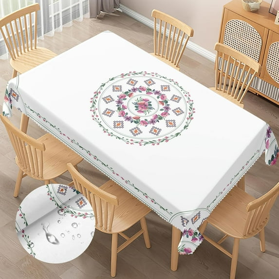 Bohemian Floral Rectangle Tablecloth, Summer Flower Washable Stain Resistant Wrinkle Free Oblong Tablecloth, Boho Table Cover Decor for Party, Chicken, Dining, Picnic, Boho Table Cloth 60×86 Inch