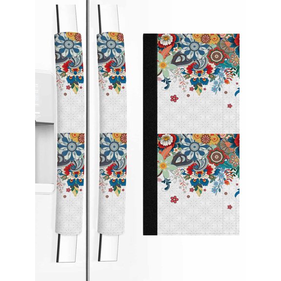Bohemian Floral Refrigerator Door Handle Covers Set of 2, Retro Abstract Flowers Boho Ethnic Kitchen Fridge Microwave Oven Dishwasher Stove Cabinet Handle Protectors, Washable Appliance Decor