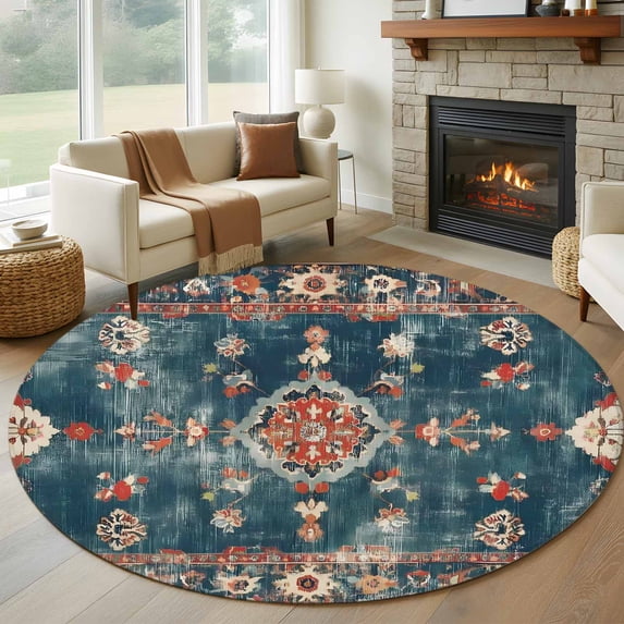 Bohemian Floral Round Living Room Rugs 7 ft, Green Red Traditional Ethnic Flower Mottled Washable Area Rug with Non-Slip Sturdy Edge Binding Round Carpet for Kitchen Office Bedroom