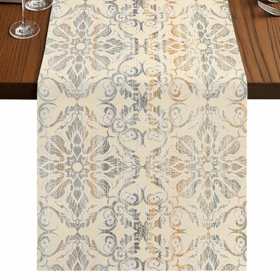 Bohemian Floral,Short Table Runner 36 Inches Long,Vintage Gradient European Line Cotton Linen Table Runners Dresser Scarves,Fabric Tabletop Scarf Furniture Cover for Home Dinner Party Decor 13"x36"