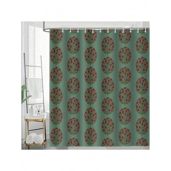 Bohemian Floral Shower Curtain 1: Mint Green Background With Red Blossom Pattern, Polyester Fabric With Grommets