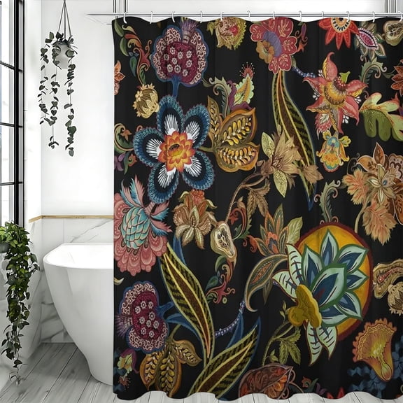 Bohemian Floral Shower Curtain Vintage Colorful Flowers on Black Background Decor