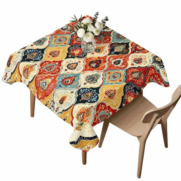 Bohemian Floral Square Tablecloth Moroccan Exotic Colored Floral Waterproof Wrinkle Free Soft Table Cloth Spill-Proof Washable Table Cover for Dining Party Picnic 60 x 60 Inch