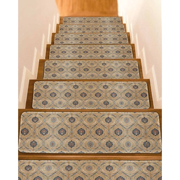 Bohemian Floral Stair Treads Vintage Retro Brown Flower Pattern Ethnic Art Indoor Non Slip Peel and Stick Stair Treads for Wooden Steps 15 PCS, Soft Adhesive Staircase Mats Runner Rugs 8"x30"