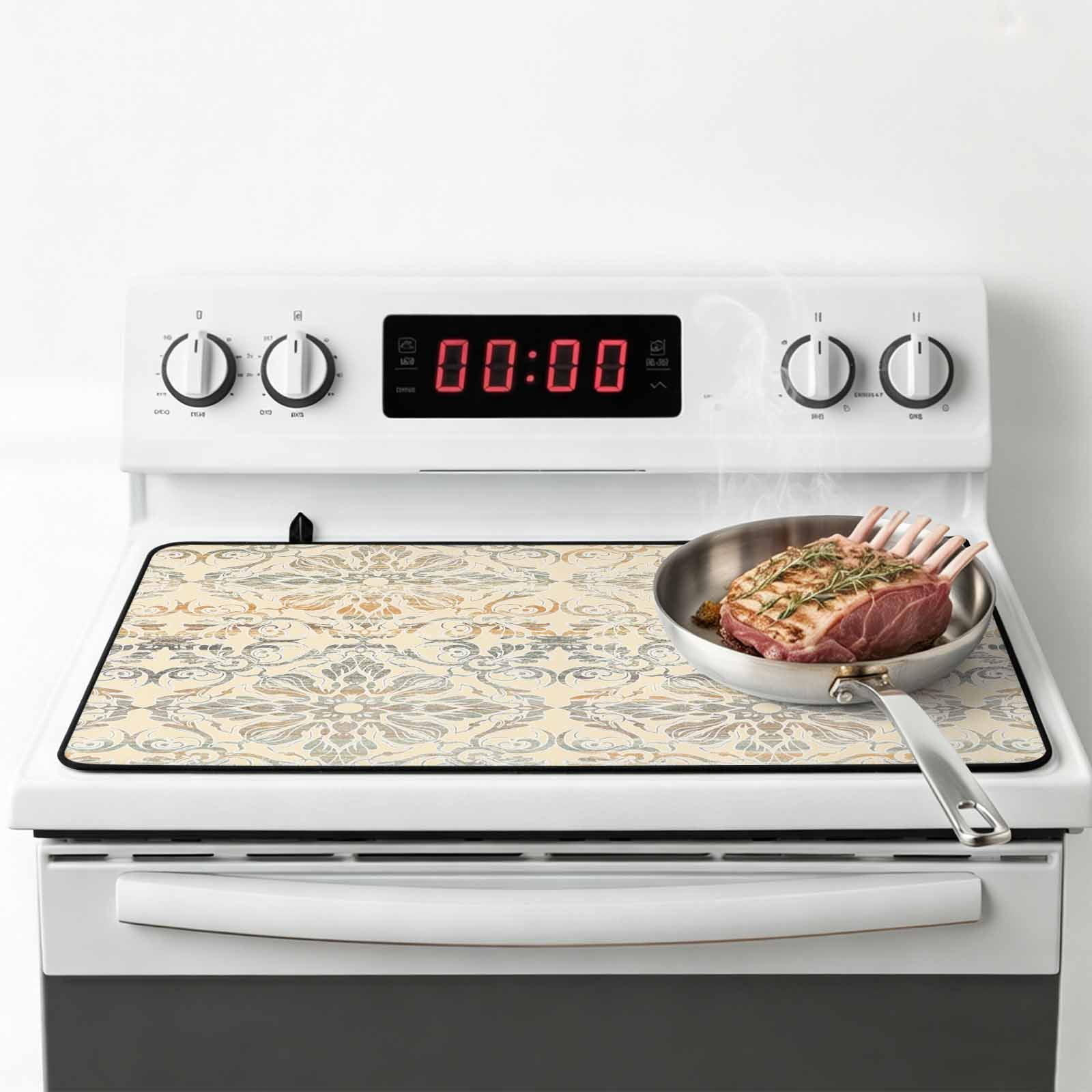 Bohemian Floral, Stove Top Cover for Electric Stove, Heat-proof & Non Slip Glass Top Stove Cover Protector, Vintage Gradient European Line Kitchen Flat Cooktop Rubber Mat 24x21 Inches