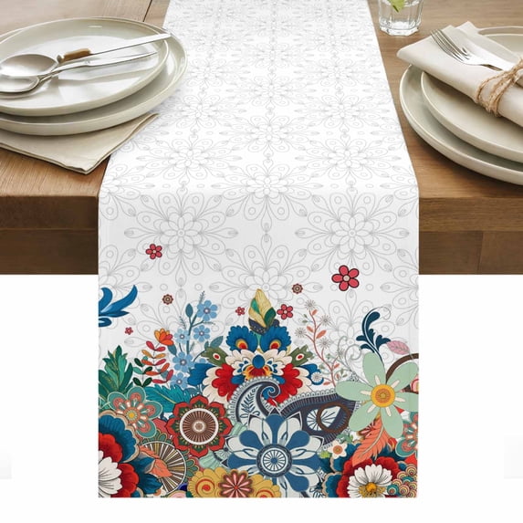 Bohemian Floral Table Runner - 108 Inch Long, Kitchen Dining Table Runner Dresser Scarves, Retro Abstract Flowers Boho Ethnic Farmhouse Decor for Coffee Tables Wedding Party Banquet