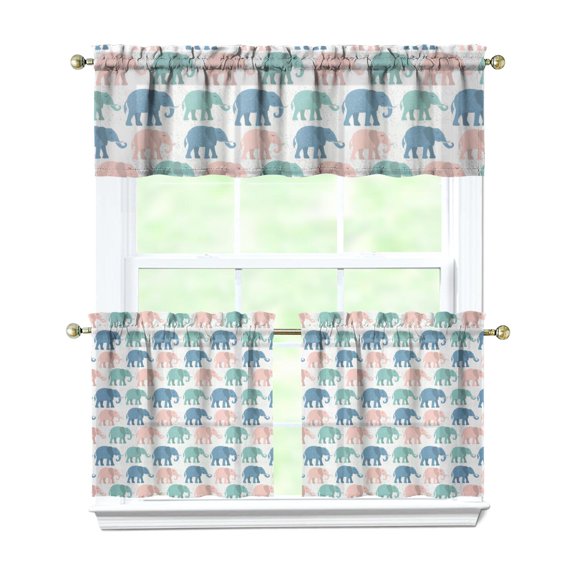 Bohemian Floral Tier Curtains 3-Piece Set - Ethnic Elephant & Mandala Print Kitchen Drapes with Valance, Rod Pocket Short Curtains for Small Windows