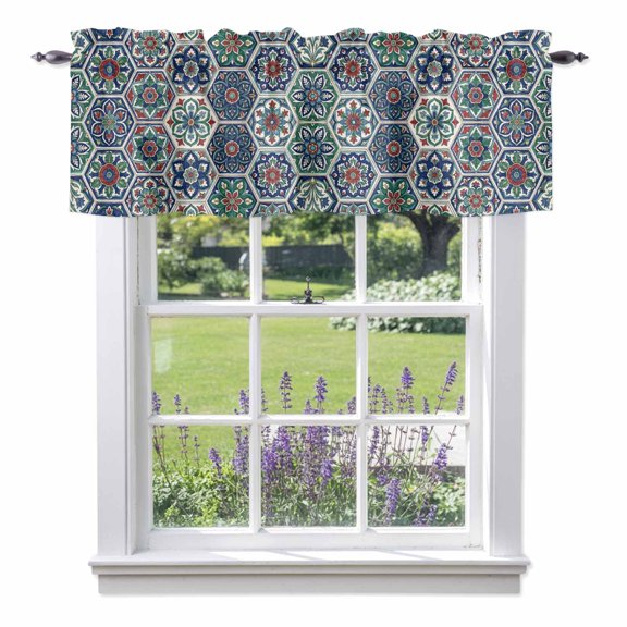 Bohemian Floral Valance Curtain for Windows Boho Tribal Ethnic Abstract Flower Geometric Grid Rod Pocket Curtain Valances Short Window Treatments for Kitchen Bathroom Laundry Basement 60 x 14 Inch
