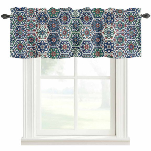 Bohemian Floral Valances for Windows Boho Tribal Ethnic Abstract Flower Geometric Grid Rod Pocket Curtain Valance Window Treatment Short Curtains for Kitchen Living Room, 42"x12"