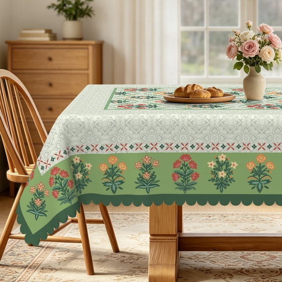 Bohemian Floral Waterproof Tablecloth,52x70 Inch Rectangle Stain Resistant Table Cover For Dining Room Kitchen Party Decor,Green
