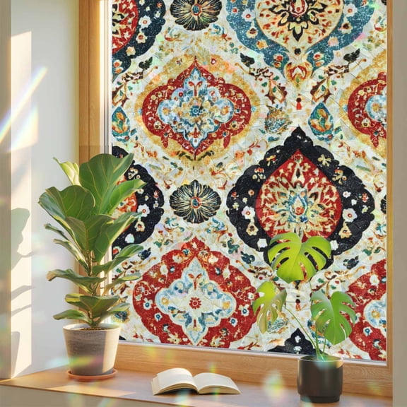Bohemian Floral Window Privacy Film, Abstract Moroccan Ethic Tribal Colored Floral Stained Glass Rainbow Film Decorative Window Clings, Static Cling Sun Blocking Stickers 29.5" x 118"