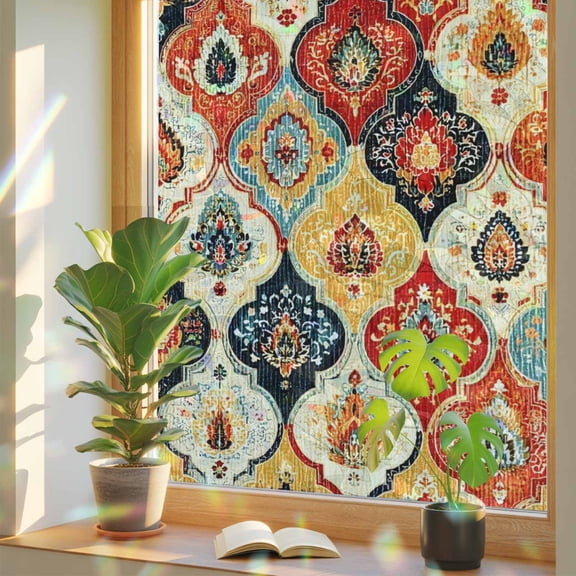 Bohemian Floral Window Privacy Film, Moroccan Exotic Colored Floral Stained Glass Rainbow Film Decorative Window Clings, Static Cling Sun Blocking Stickers 29.5" x 118"