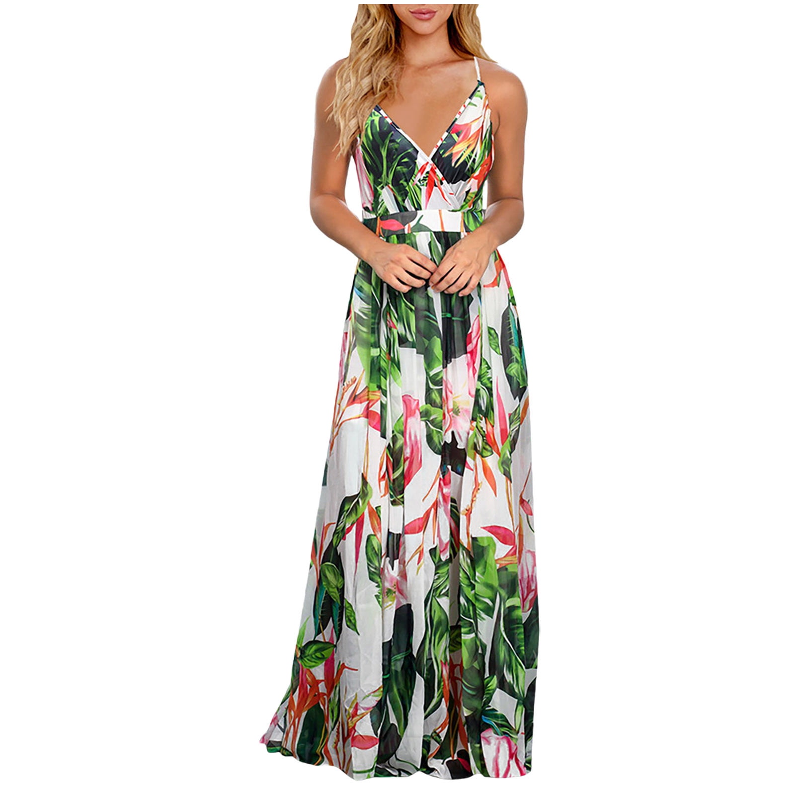 Bohemian Floral Women's Summer Dress Sexy Backless V-Neck Suspender Long Dress for Women
