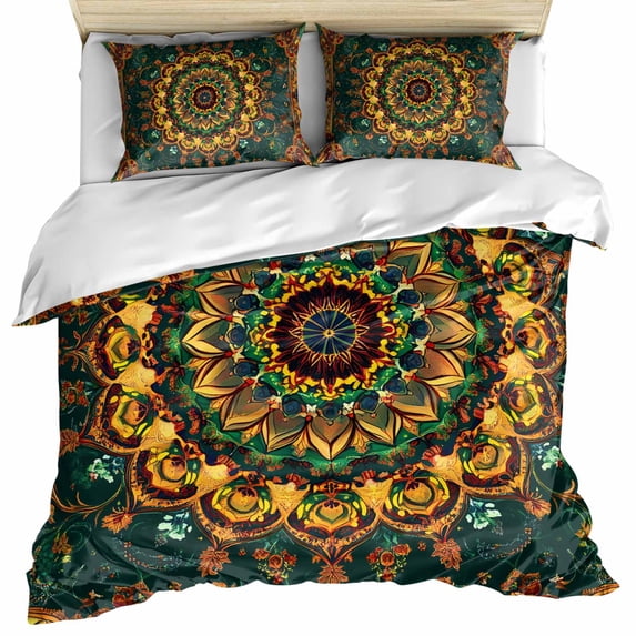 Bohemian Flower Bedding 3 Piece Duvet Cover Set Queen Size, Colorful Yellow Boho Rustic Tribal Soft Microfiber Comforter Cover with Zipper Closure & Pillowcases, Wrinkle & FadeResistant Quilt Cover