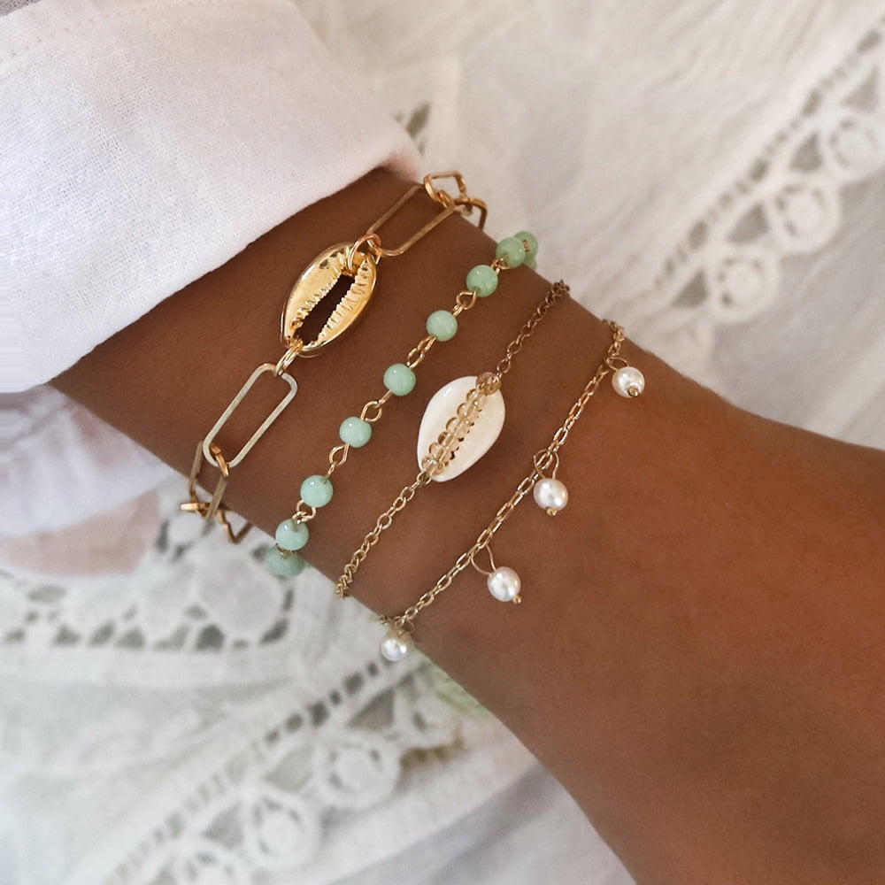 Bohemian Flower Bracelet Set For Women Gold Color Heart Charm Beaded