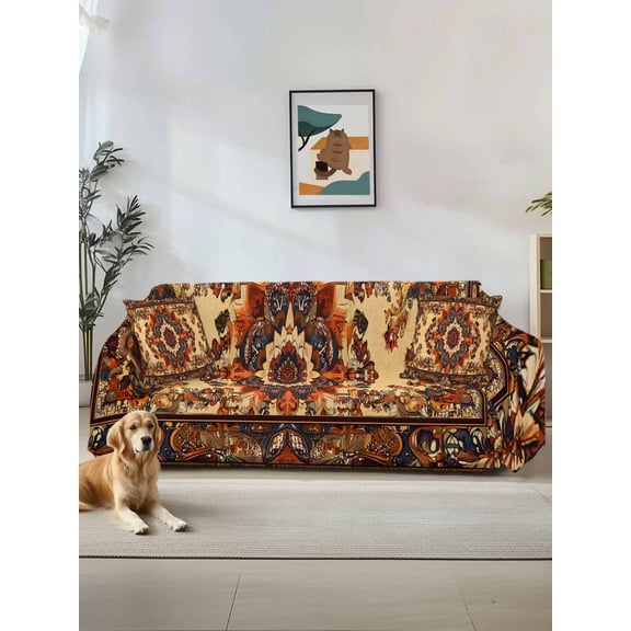 Bohemian Flower Couch Cover, Boho Tribal Colorful Distressed Printed Sofa Cover Blanket for 3 Cushion Couch,Sectional Sofa Slipcover Furniture Protector for Living Room Bedroom 71''x134''