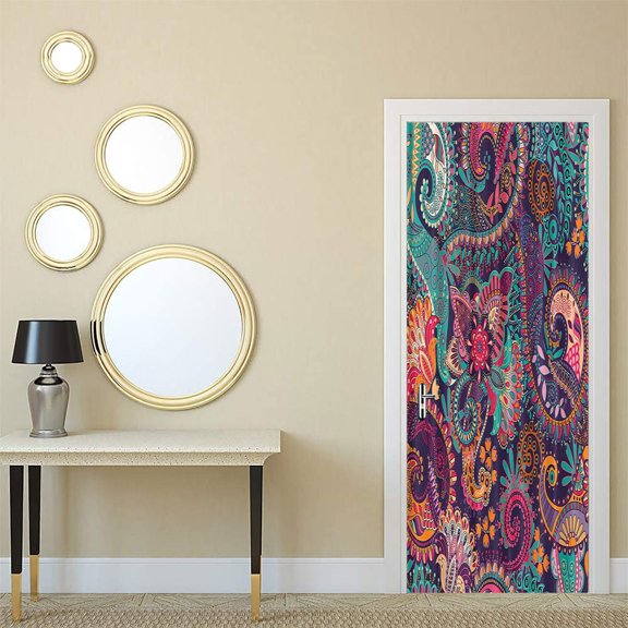 Bohemian Flower Door Sticker Retro Ethnic Style Decal Removable Boho Tribe Floral Door Mural Poster