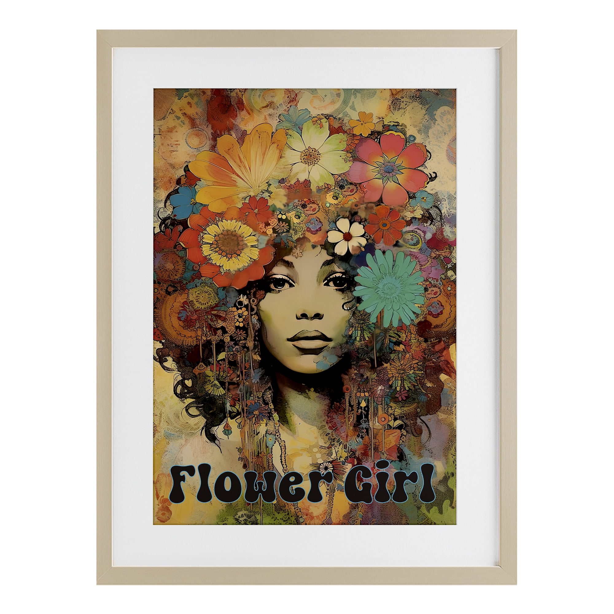 Bohemian Flower Girl Birch Framed Print Under Glass, design by Sasha