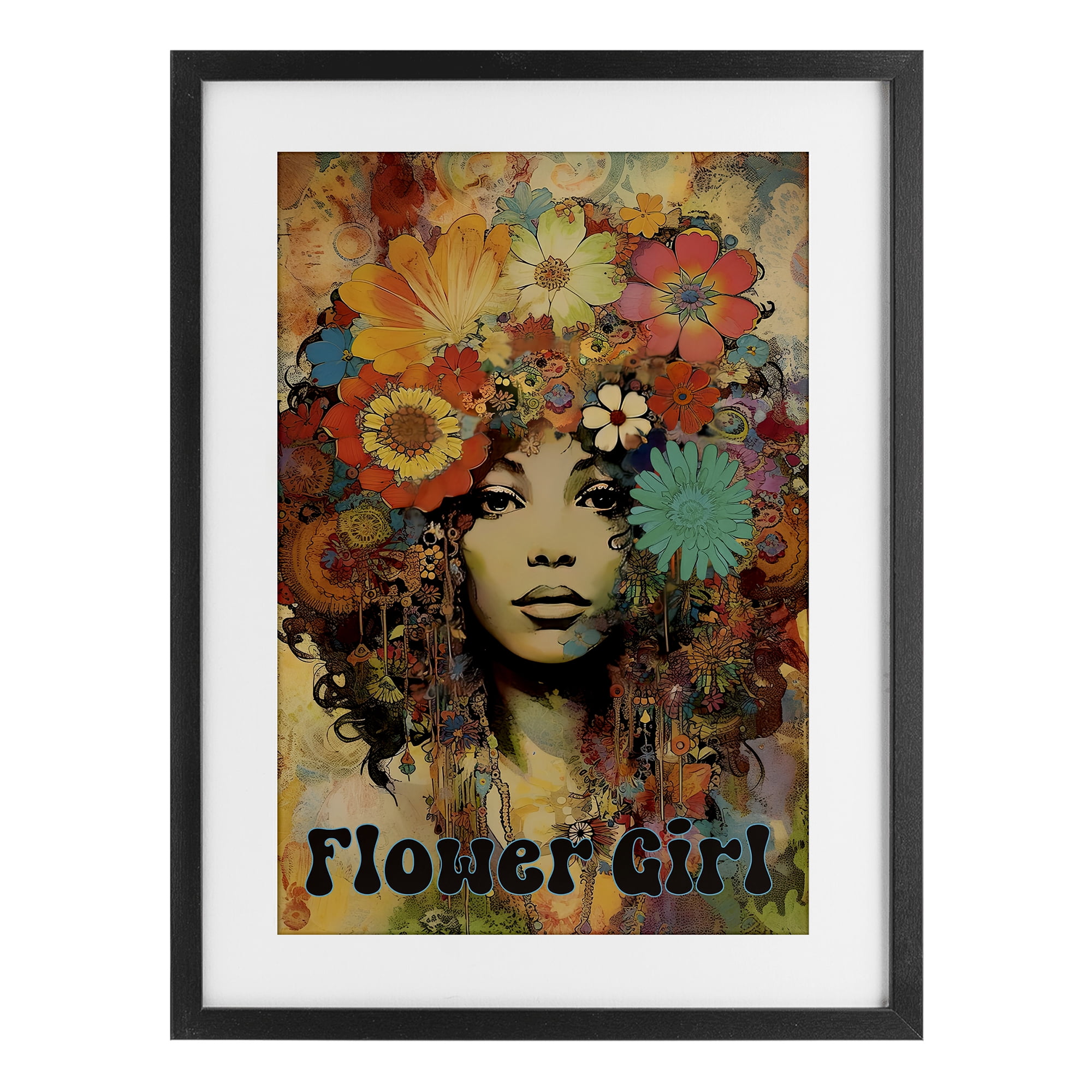 Bohemian Flower Girl Black Framed Print Under Glass, design by Sasha