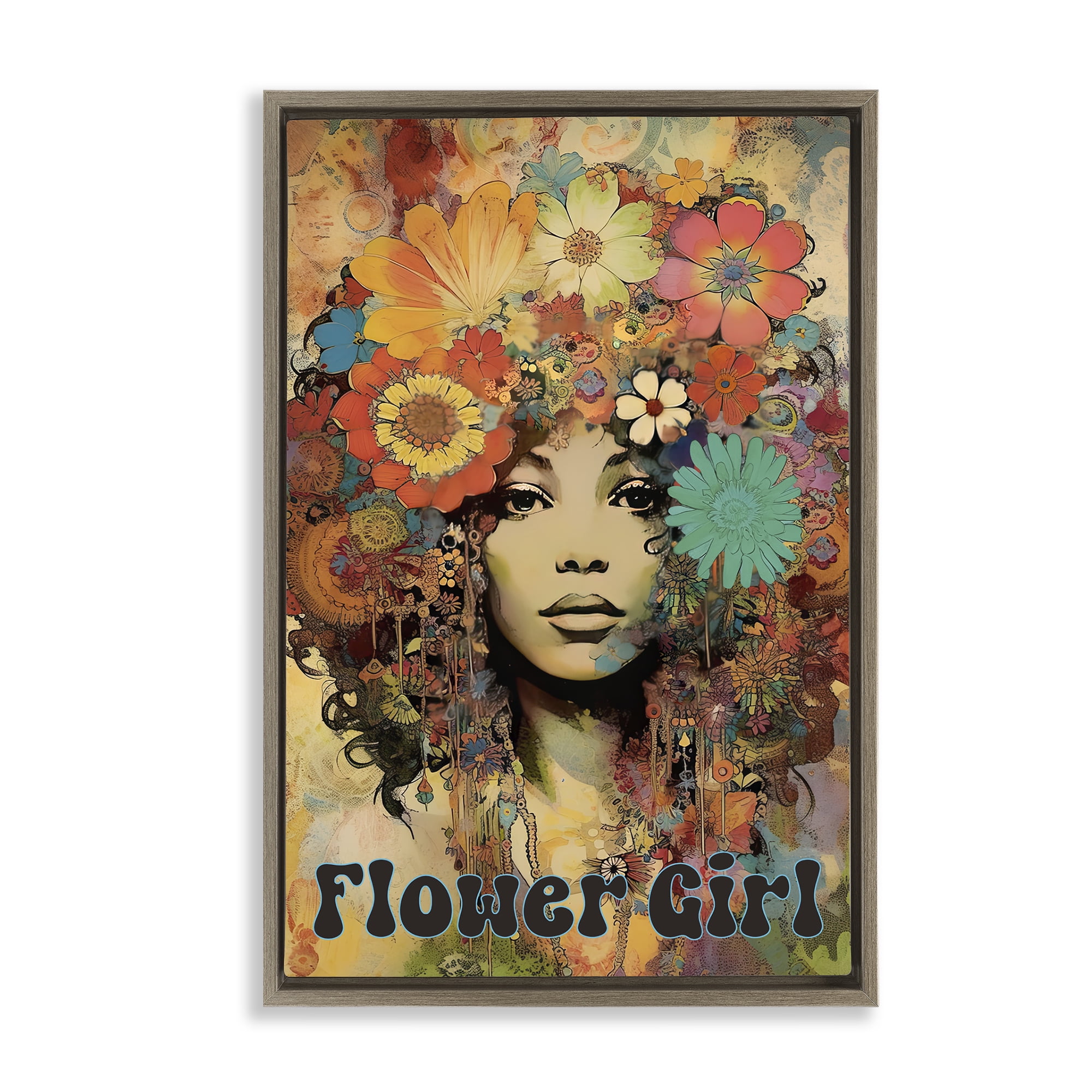 Bohemian Flower Girl Brown Framed Floater Canvas Wall Art, design by Sasha
