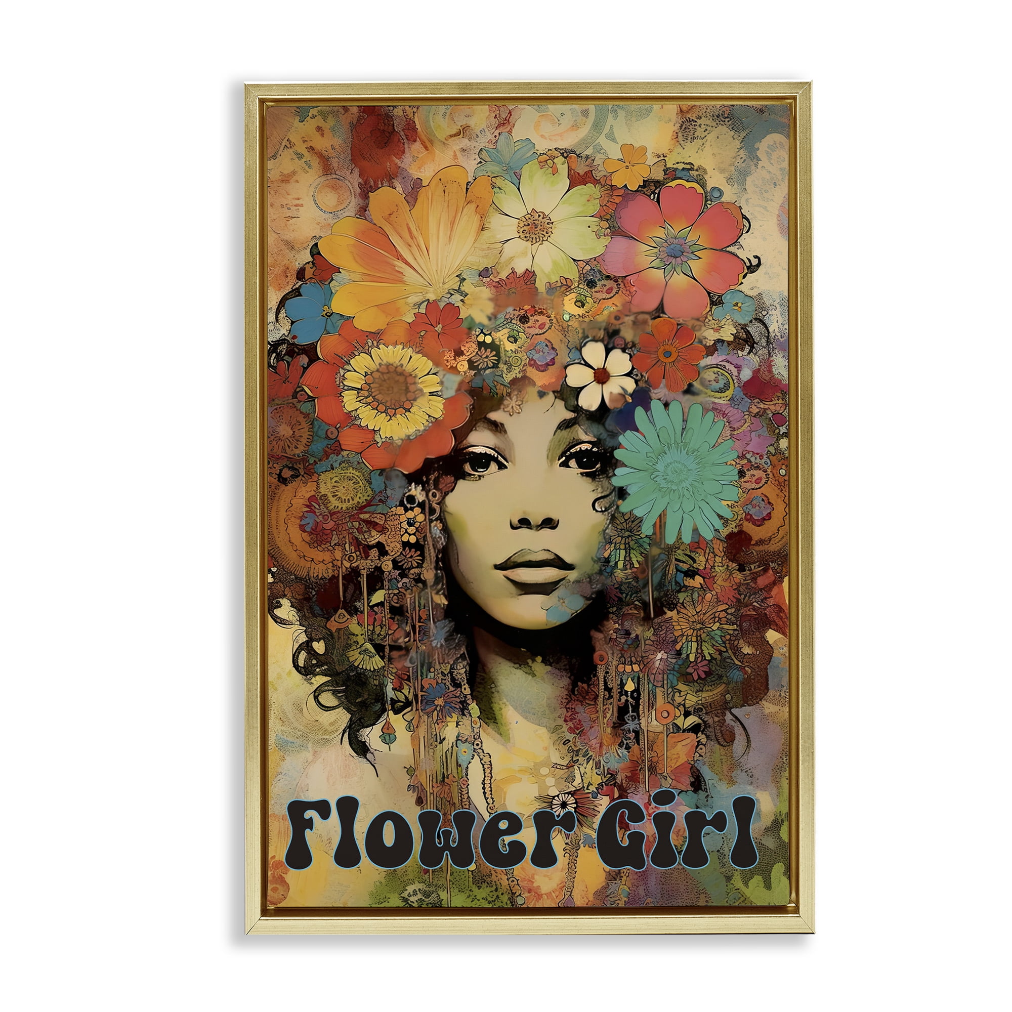 Bohemian Flower Girl Gold Framed Floater Canvas Wall Art, design by Sasha