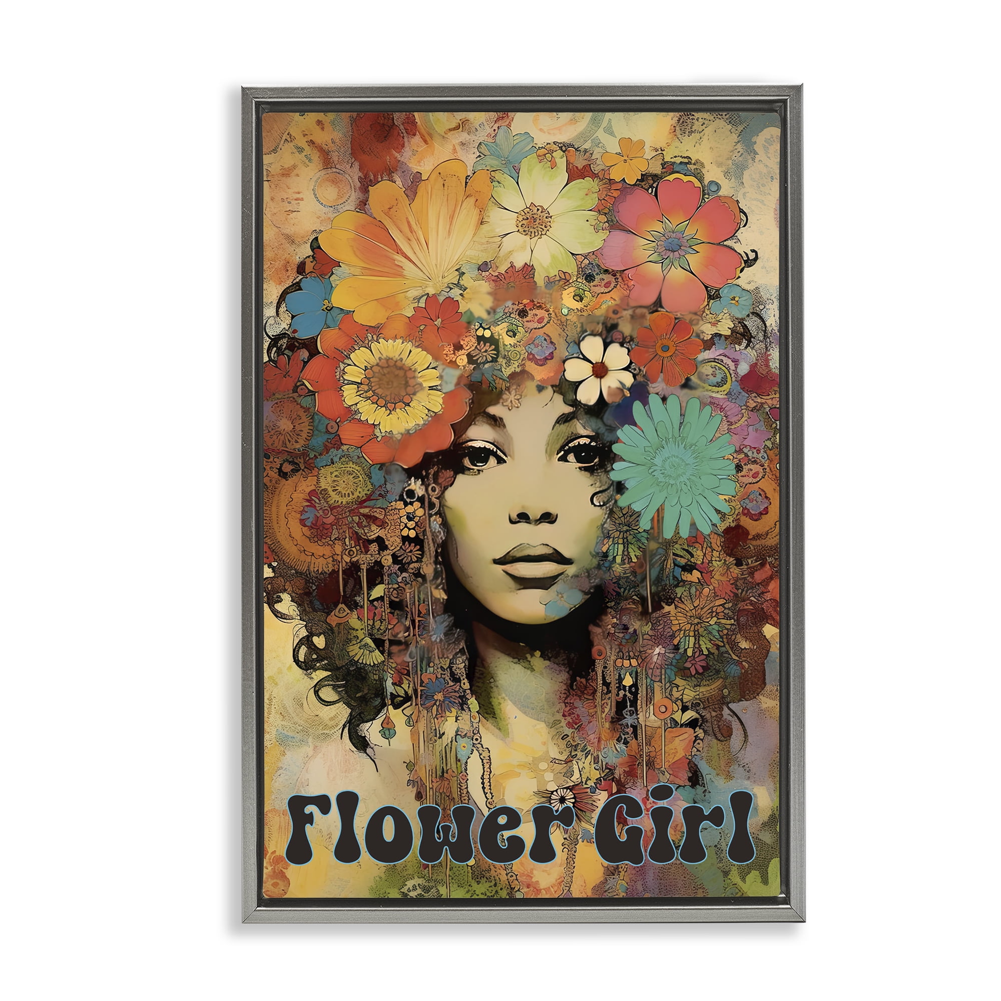 Bohemian Flower Girl Gray Framed Floater Canvas Wall Art, design by Sasha