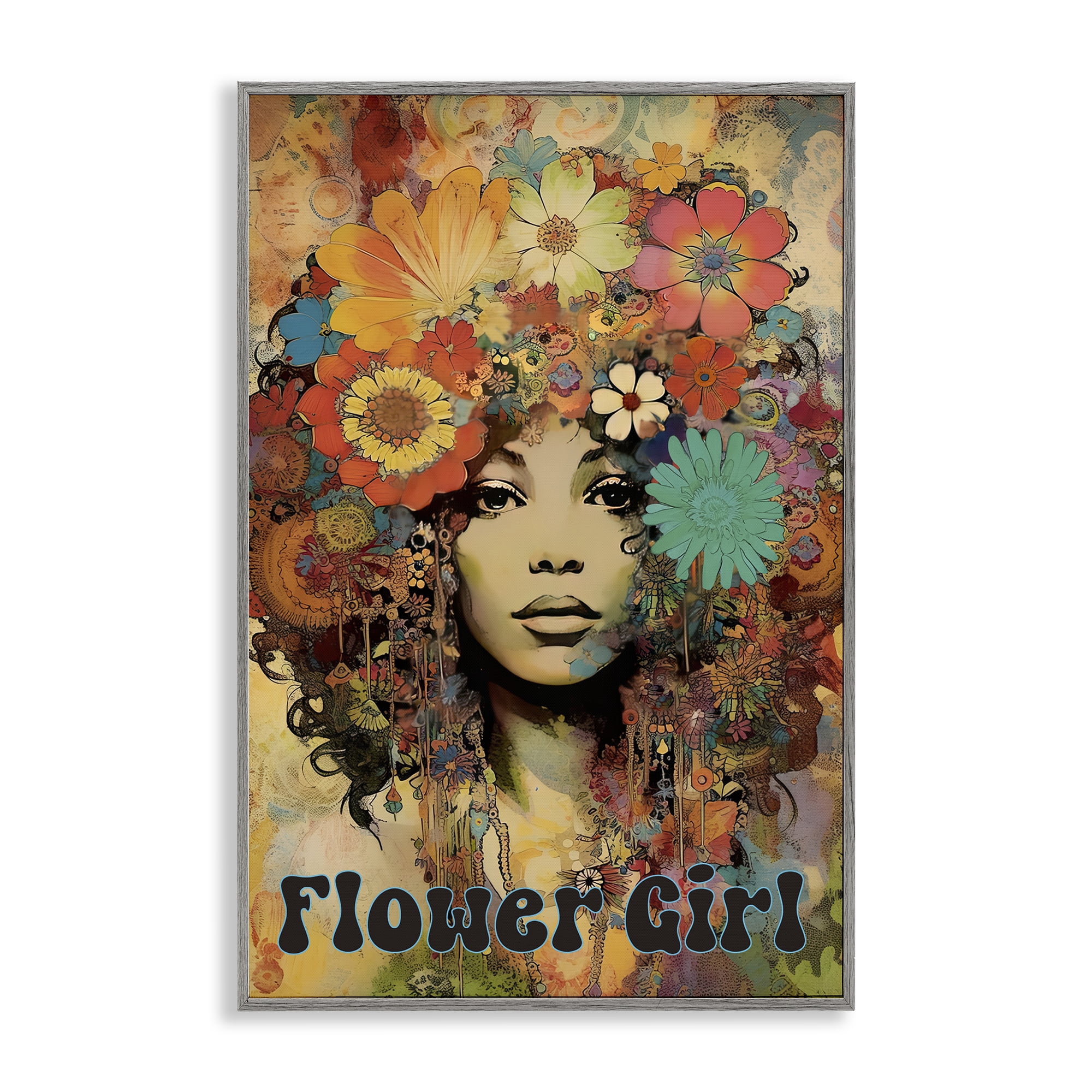 Bohemian Flower Girl Gray Framed Giclee Art, design by Sasha